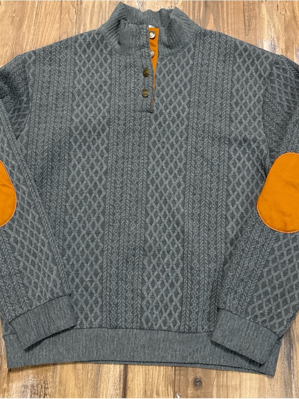 Men's Gray Half-Placket Sweater with Brownish Orange Elbow Patches